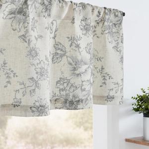 jinchan Linen Kitchen Valance with Lined Gray Floral Valance Curtain 16 Inch Farmhouse Peony Flower Printed Curtain for Windows Living Room French Retro Patterned Rod Pocket 1 Panel Grey on Beige