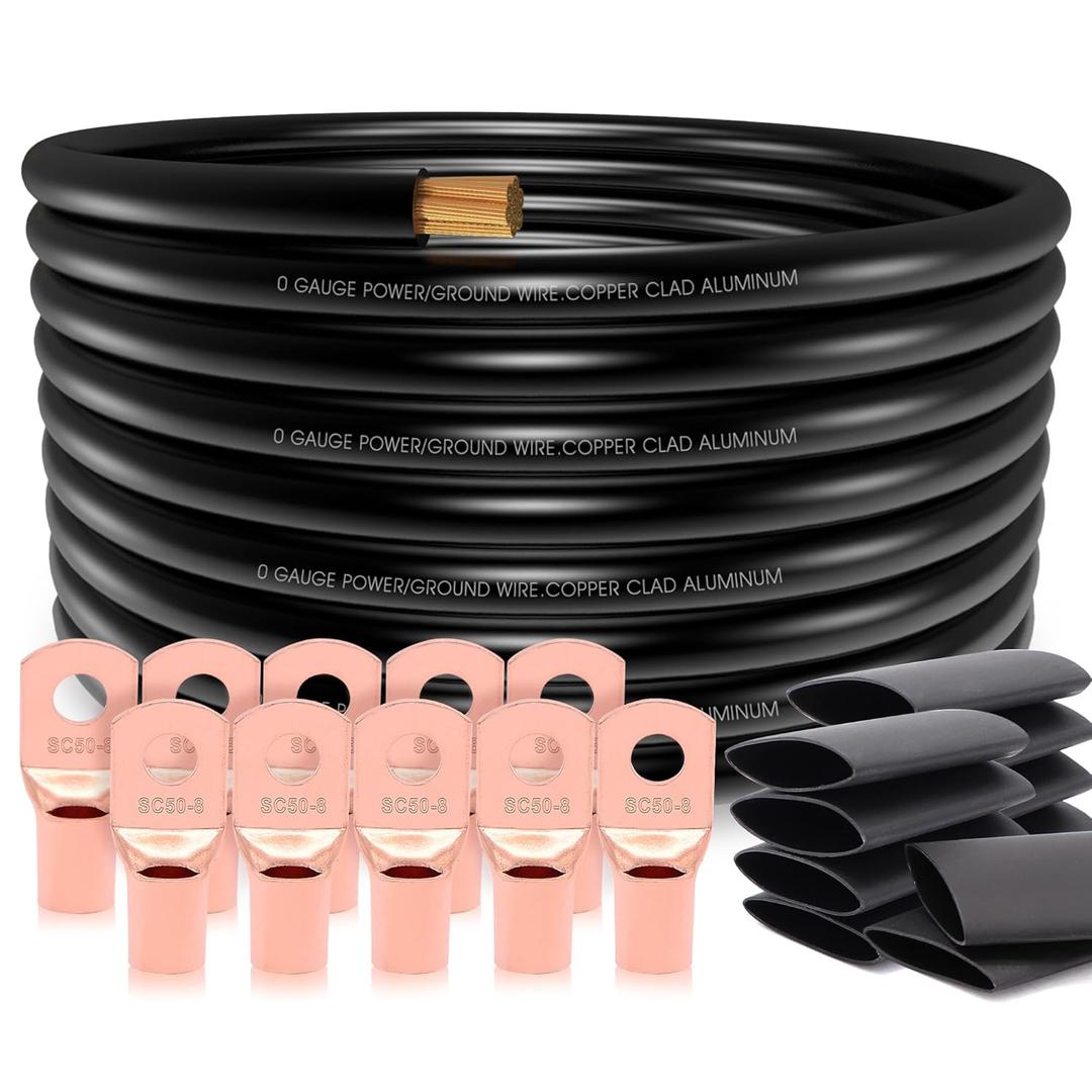 20FT 0 Gauge Wire,1/0 Battery Cable Copper Clad Aluminum,10pcs Lugs Terminal Connectors with 3:1Heat Shrink Tube for Power/Auto,Amplifier,Ground Cable