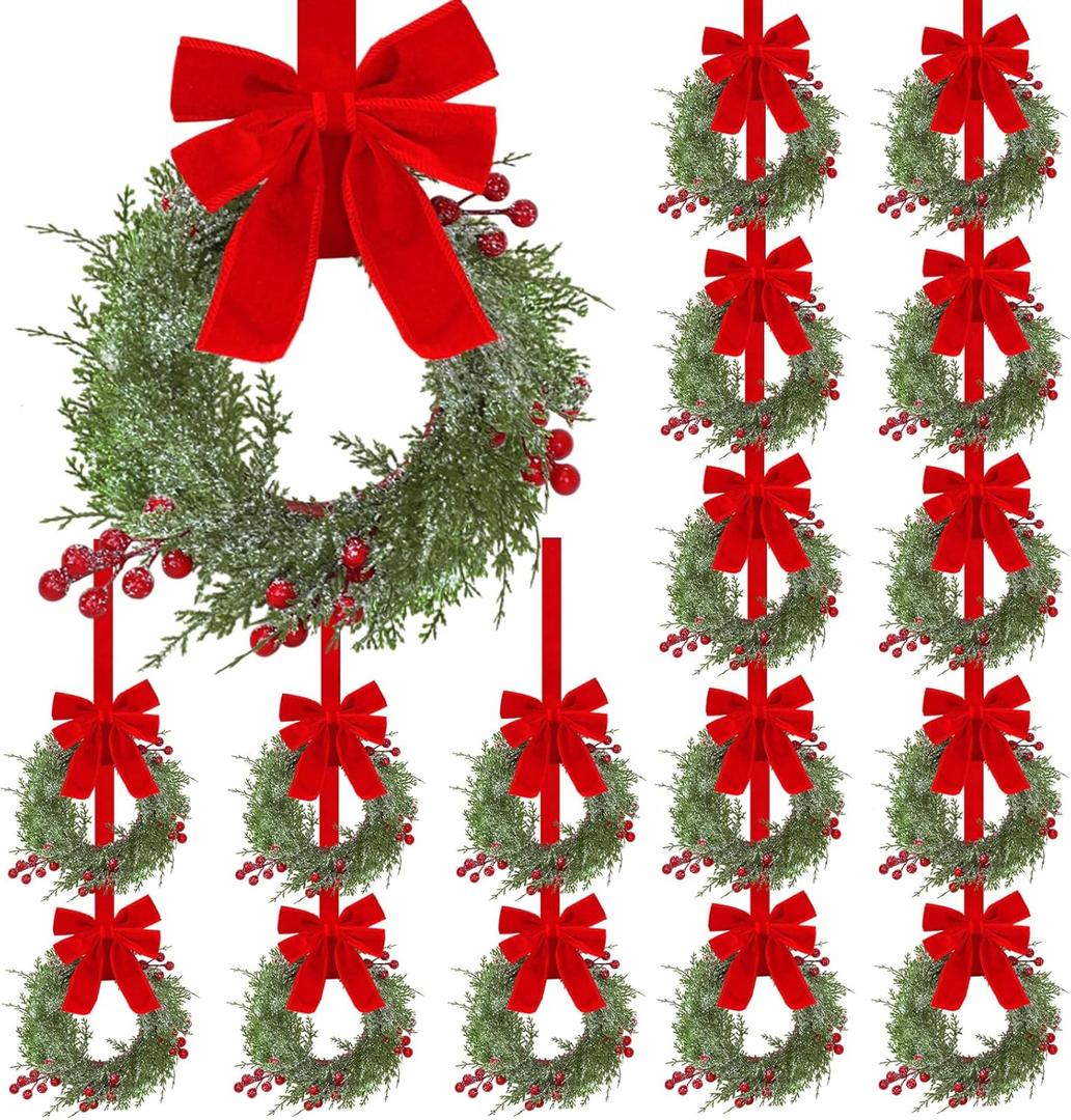 18 Pcs Small Christmas Wreaths Real Touch 9.8 Inch Mini Kitchen Cabinet Wreaths with Bow Ribbon, Artificial Cedar Greenery & Berries for Xmas Front Door Window Fireplace Farmhouse Holiday Decoration