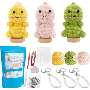 Alvian Dinosaur Crochet Amigurumi Kit for Beginners Crochet Starter Kits Craft Knitting Crocheting Kits with Step-by-Step Video Tutorials, DIY Crochet Animal Kits 3 Pack Dinosaurs