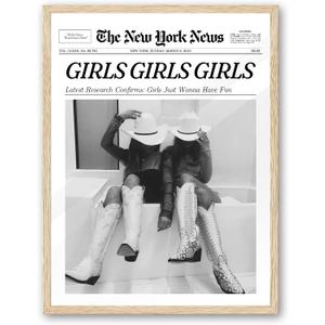 iHery Girls Just Wanna Have Fun Framed Trendy Cowgirl NewsPaper Wall Art, 12x16in Natural OAK Wood Black and White Canvas Wall Decor For Bedroom Dorm Living Room,Vintage Bar Car Home Dcor 1Pack
