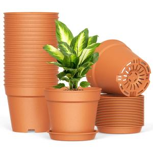 SwinDuck 20 Pack 6 Inch Plant Pots with Drainage and Saucers, Plastic Flower Pots for Indoor and Outdoor Plants, Stackable Nursery Planters for Houseplants and Herbs, Terracotta