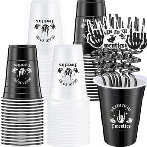 32 Pack Death to My 20s Decorations 16 Pcs Rip 20s Birthday Cups 16 oz Disposable Plastic Black White Cups and 16 Pcs Gothic Straws 30th Birthday Decoration for Halloween Party Supplies