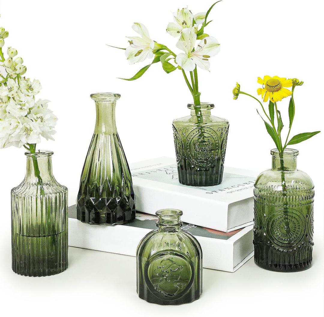 Glass Bud Vase Set of 5, Green Small Flower Vases for Centerpieces in Bulk, Mini Vintage Vase for Rustic Wedding, Home,Table Decoration