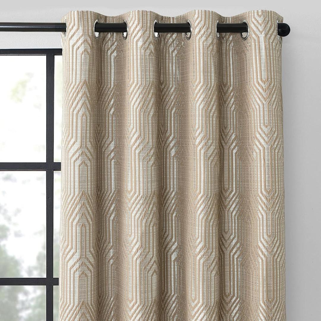 Light Brown and Silvery 100% Blackout Jacquard Geometric Pattern Curtains,42 Inch Wide 63 Inch Length 2 Panels, Thermal Insulated Noise Reducing Anti-Rust Grommet Drapes for Bedroom Living Room