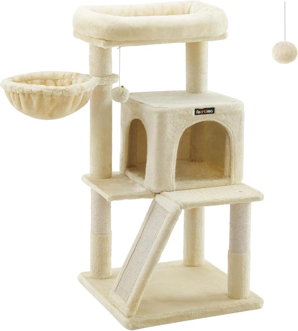Feandrea Cat Tree, Small Cat Tower with Widened Perch for Large Cats Indoor, Kittens, 37.8-Inch Multi-Level Cat Condo, Scratching Posts and Ramp, 2-Door Cat Cave, Cat Basket, Beige UPCT51M