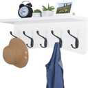 TEG01B Coat Rack Wall Mount with Shelf and 5 Hooks - 17-Inch Heavy Duty Pine Wood Entryway Rack - For Mudroom, Kitchen, Bathroom (White (TEG1))