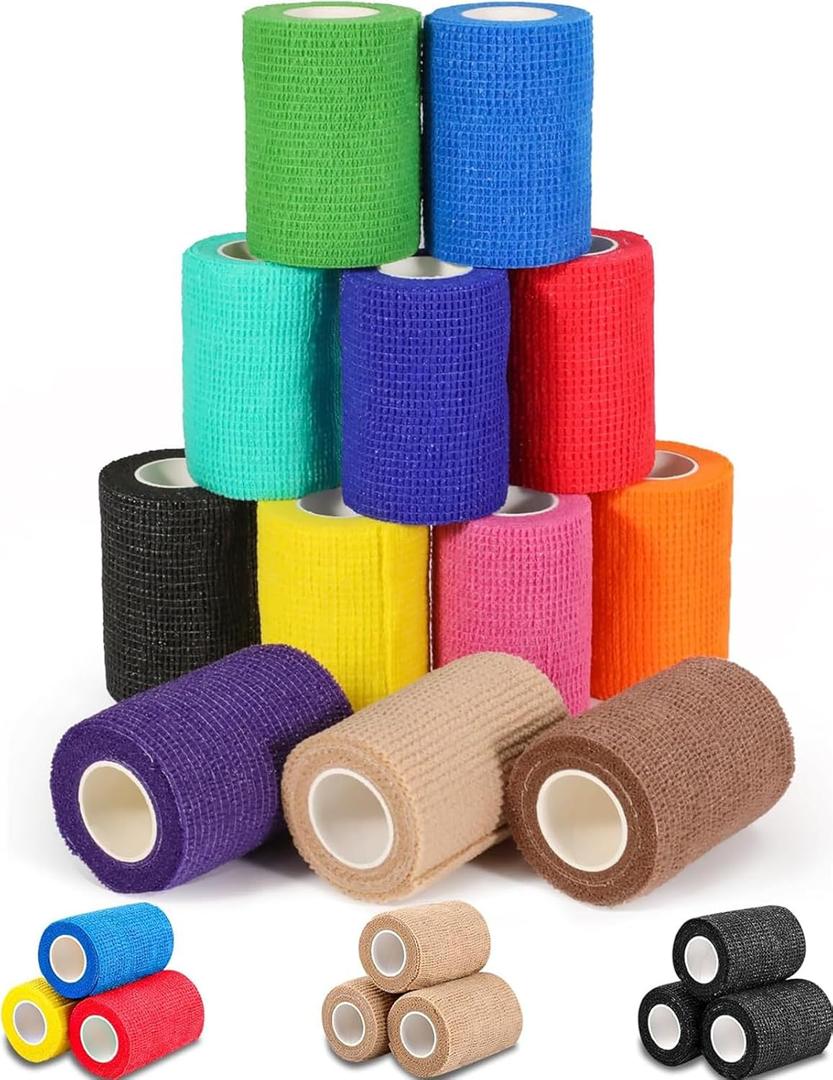 AZEN 12 Pack Self Adhesive Bandage Wrap, 3" X 5 Yards Elastic Cohesive Bandage Wrap, Vet Wrap, Ankle Tape, Tattoo Grip Tape Wrap, Color Athletic Tape