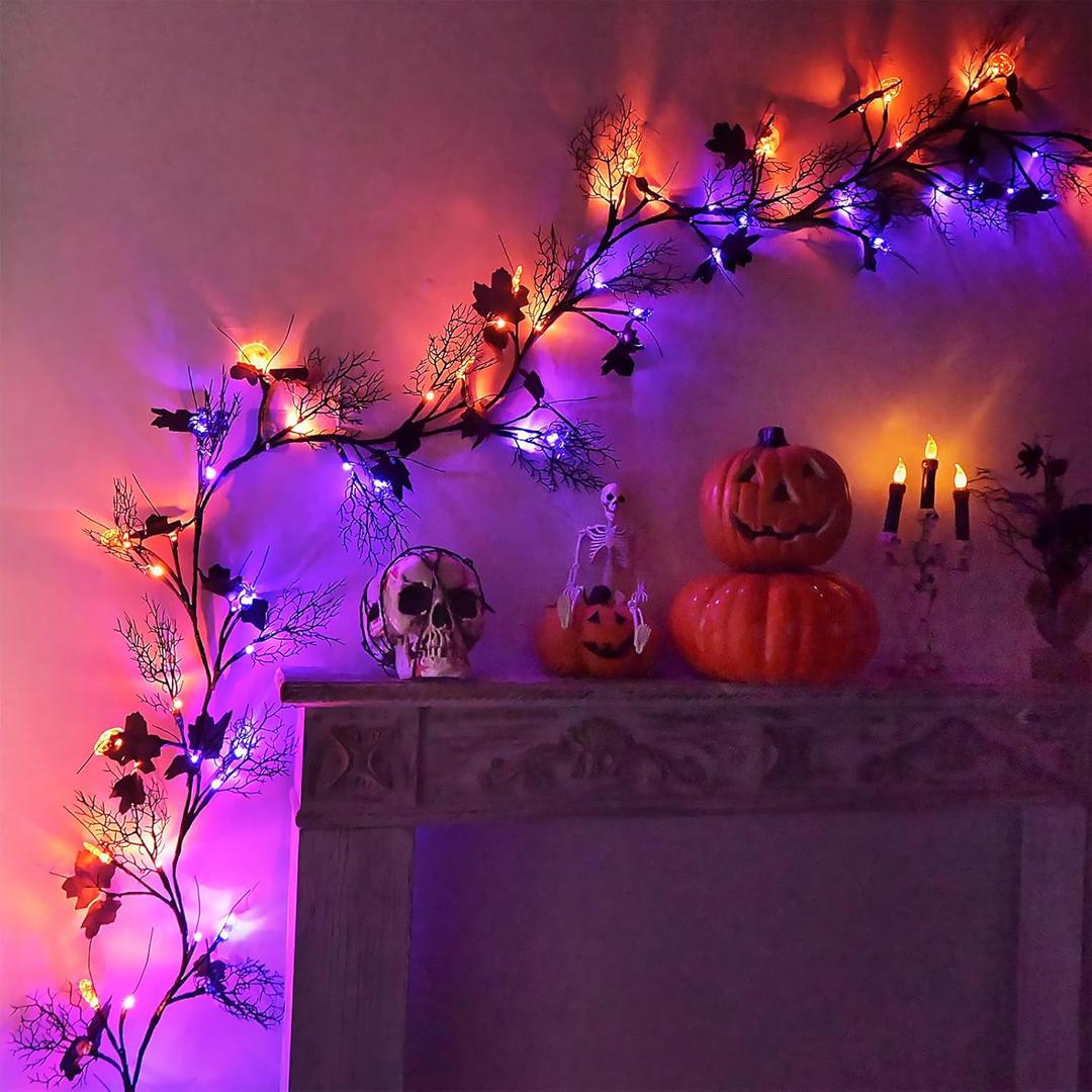 Halloween Garland with Lights 8.86FT 72LED Willow Vine Twig with Timer Black Garland Lights with Orange Pumpkins Purple Spiders and Black Leaves Dead Branches Halloween Decorations Indoor Outdoor