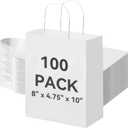Brothersbox 100Pcs White Paper Gift Bags Medium Size 8x4.75x10 inch, Kraft Paper Bags with Handles Bulk for Shopping, Craft, Business, Retail, Party Favor, Takeout, Goodie, Grocery