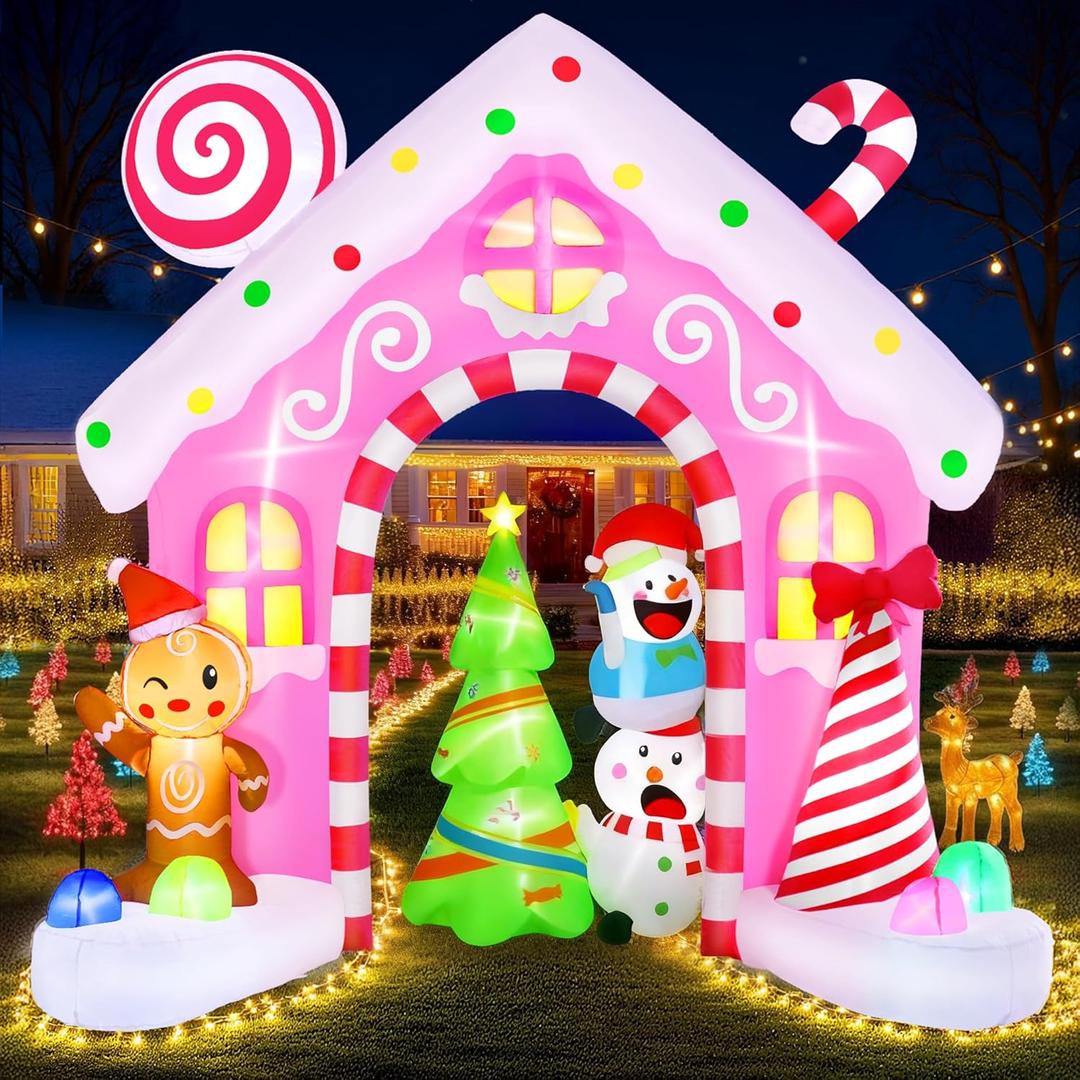 10Ft Christmas Gingerbread Inflatable Archway Outdoor Decoration, Pink Christmas Inflatables with Built-in Colorful LEDs Xmas Blow Up Archway Decor with Gingerbread Man & Candy for Indoor Outdoor Yard