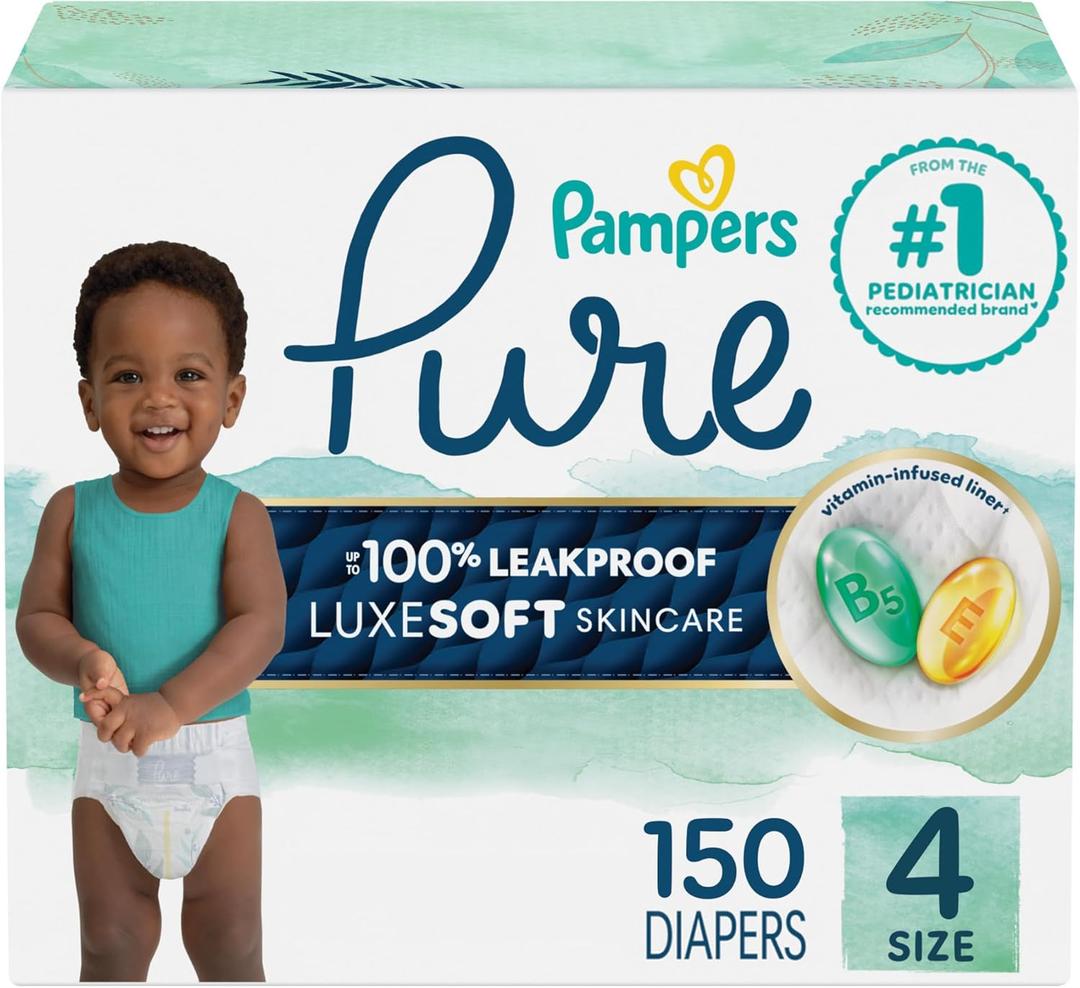 Pampers Pure Baby Diapers, Size 4 (22-37 lbs), 150, Up to 100% Leakproof, Premium Hypoallergenic Soft Diapers