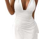 SHENHE Women's Sexy Halter Tie Mini Dress Backless Ruffle Trim Deep V Neck Lace Mesh Plunge Party Dress (Medium, White)