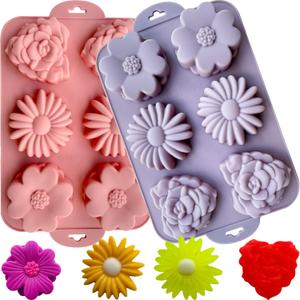 2 Pack Flower Cake Silicone Mold for Baking, 6 Cavity 3D Daisy Flower Cake Pans Rose Chocolate Mold Jello Molds for Making Mousse Mini Cake Cheesecake Soap Jelly Pudding Brownies Muffins (Pink+Purple)
