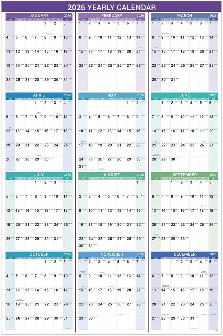 2026 Yearly Wall Calendar - 2026 Calendar, 2026 Wall Calendar 12month, Jan. 2026 to Dec. 2026, 34.2" x 22.8" (Open), Vertical, Thick Paper, Double-sides Round Stickers, Holidays & Julian Dates (Purple)