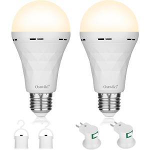 2 Pack Rechargeable Emergency Light Bulbs,Battery Operated Light Bulb for Power Outage Hurricane Camping 9W E27 3000K Warm 1200mAh Battery Backup Soft Light Bulbs for Lamps,Battery Led Bulb