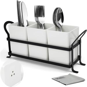 Cutlery Holder with Drain Holes, Silverware Caddy for Party Countertop, 3pcs Bins Set Utensil Caddy Organizer for Spoon and Fork, White