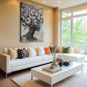MLART99 Black Woman Wall Art Gold and White Floral Canvas Artwork for Living Room Modern Photo Prints for Home 24x36 Inch Bedroom Pictures Wall Decor