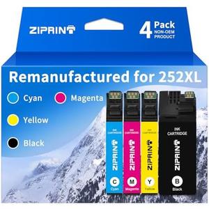 ZIPRINT 252XL Ink Cartridges Combo Pack Remanufactured Replacement for Epson 252 Ink Cartridges for WorkForce WF-3620 WF-3640 WF-7110 WF-7610 WF-7620 WF-7710 WF-7720, Black Cyan Magenta Yellow, 4-Pack