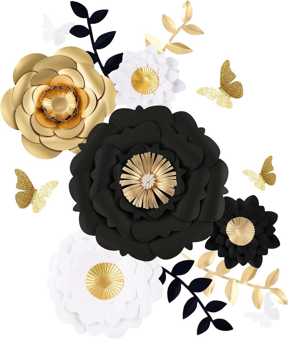 Fonder Mols 3D Paper Flower Decorations(Set of 13, White Black Gold), Giant Paper Flowers for Wedding Backdrop, Graduation Party, Bridal Shower, Halloween Centerpieces, Nursery Wall Decor