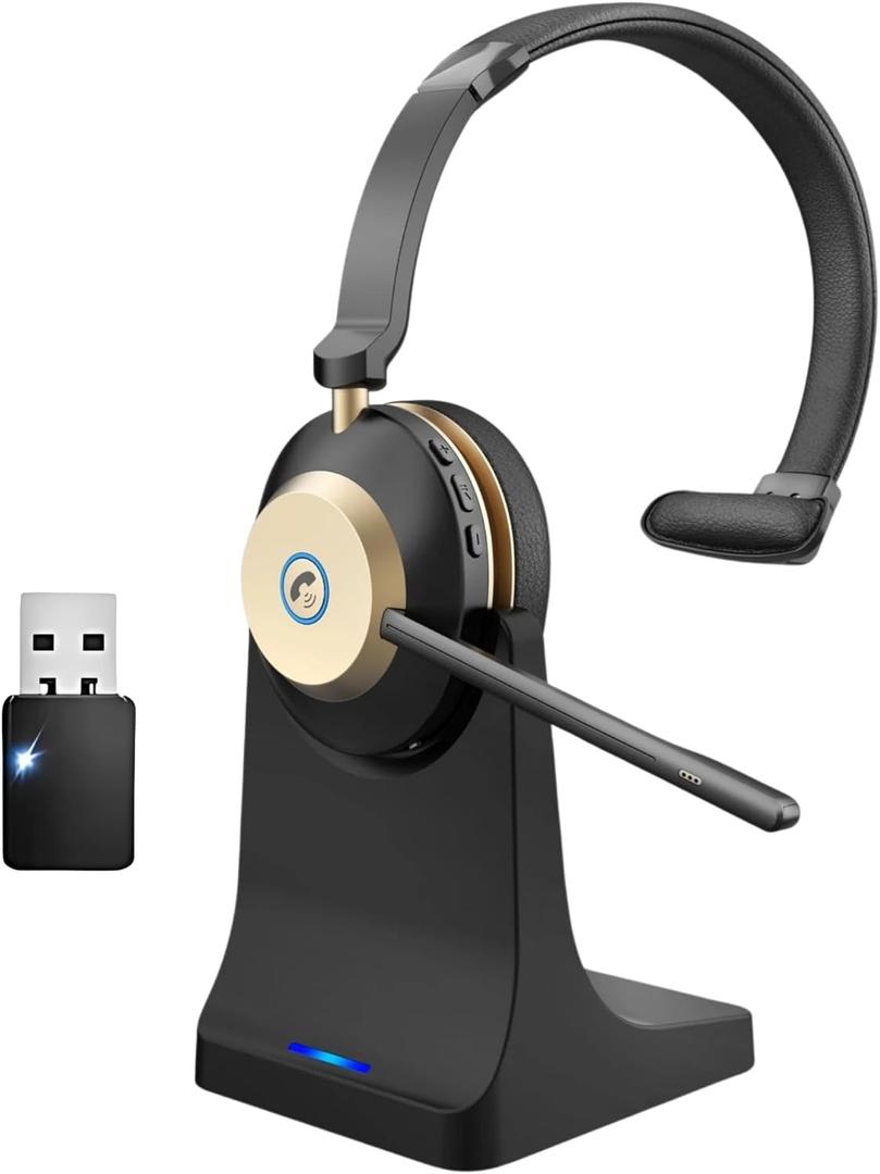 Bluetooth headset, Wireless Headset with Mic for Work, Advanced AI Noise Cancelling Microphone (Clear Calls & Mic Mute), Bluetooth 5.3, USB Dongle, Headphones with Mic, for PC/Zoom/Office/Computer