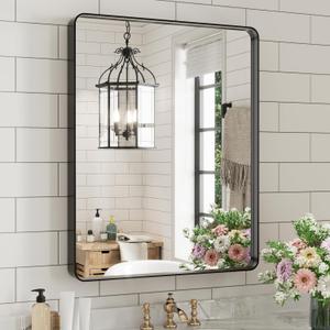 WEER Black Bathroom Mirror for Wall, 24X30 Inch Matte Black Mirror, Rectangular Black Metal Framed Vanity Mirror with Tempered Glass, Rounded Corner, Anti-Rust (Horizontal/Vertical)