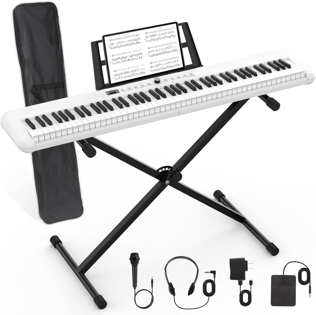 88 Key Piano Keyboard, Semi Weighted Electronic Digital Piano with Music Stand, Power Supply, Sustain Pedal, Bluetooth, Stand, MIDI, for Beginner Professional at Home, Stage (White)