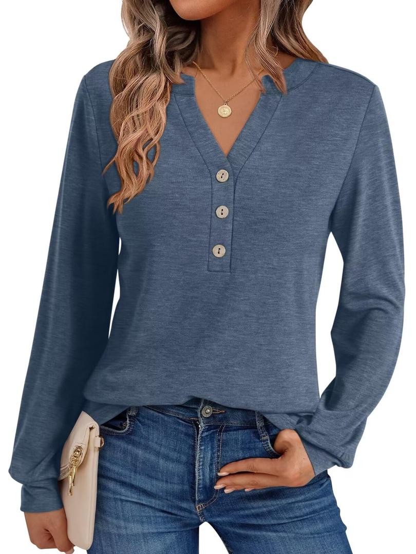 EasyGala Womens V Neck Long Sleeve Shirts Henley Dressy Casual Tops Loose Fit Trendy Tees Fall T Shirts Outfits 2025 Navy Blue (L)