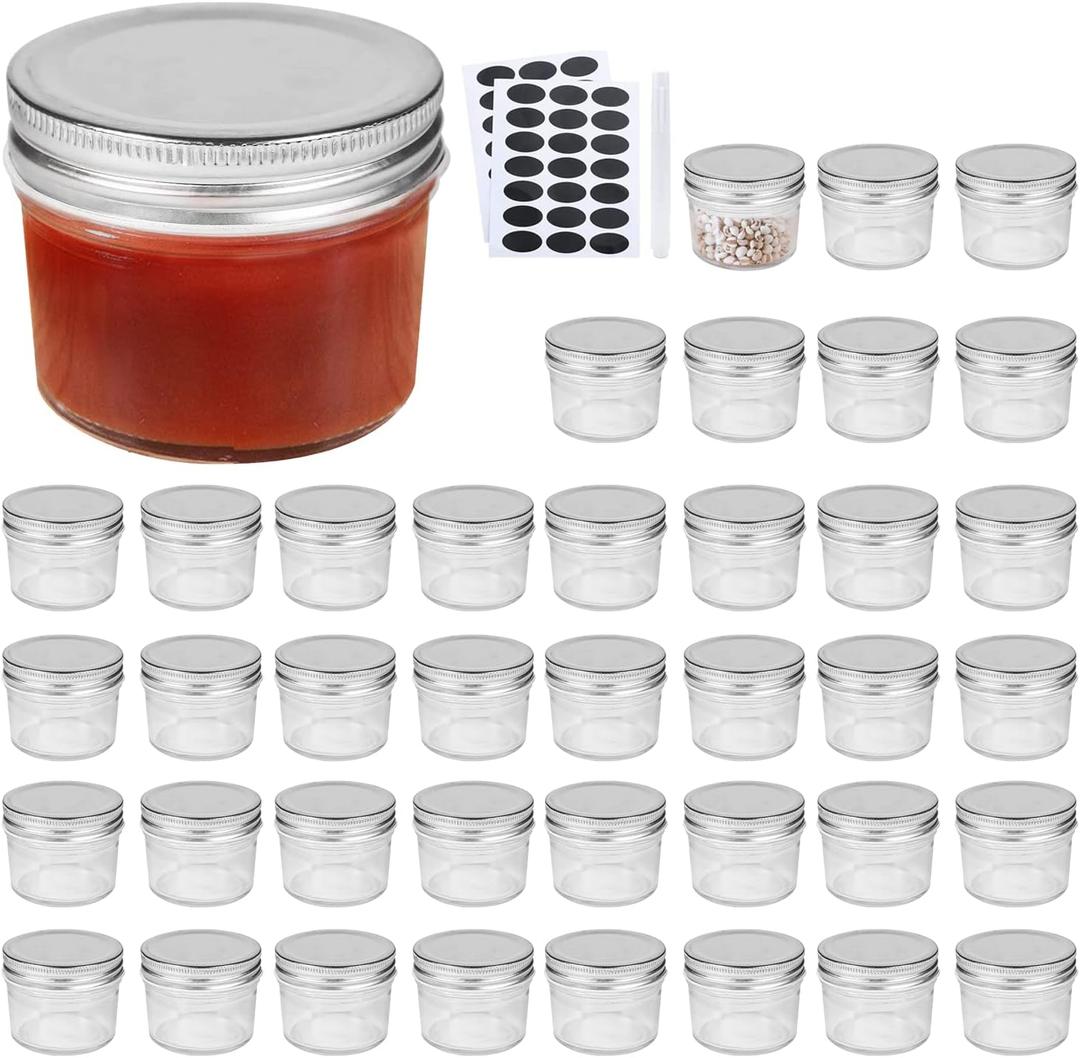 QAPPDA 4oz Glass Jars With Lids, Small Mason Jars Wide Mouth, Mini Canning Jars With Silver Lids For Honey, Jam, Jelly, Baby Foods, Wedding Favor, Shower Favors, Spice Jars For Kitchen & Home, Set of 40