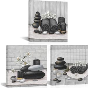 RnnJoile Spa Canvas Wall Art Zen Stone Orchid Picture Painting Black and White Still Life Prints for Bathroom Zen Meditation Room Decor Framed 12"x12" for Each