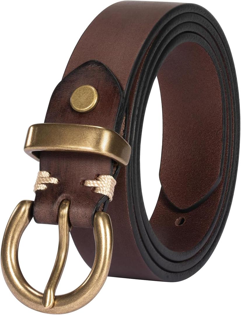 Womens Belts for Jeans Genuine Leather Belt Vintage Solid Brass Circle buckle Gift Box Packaging (XL|Fits Waist 40-42, Dark Brown)