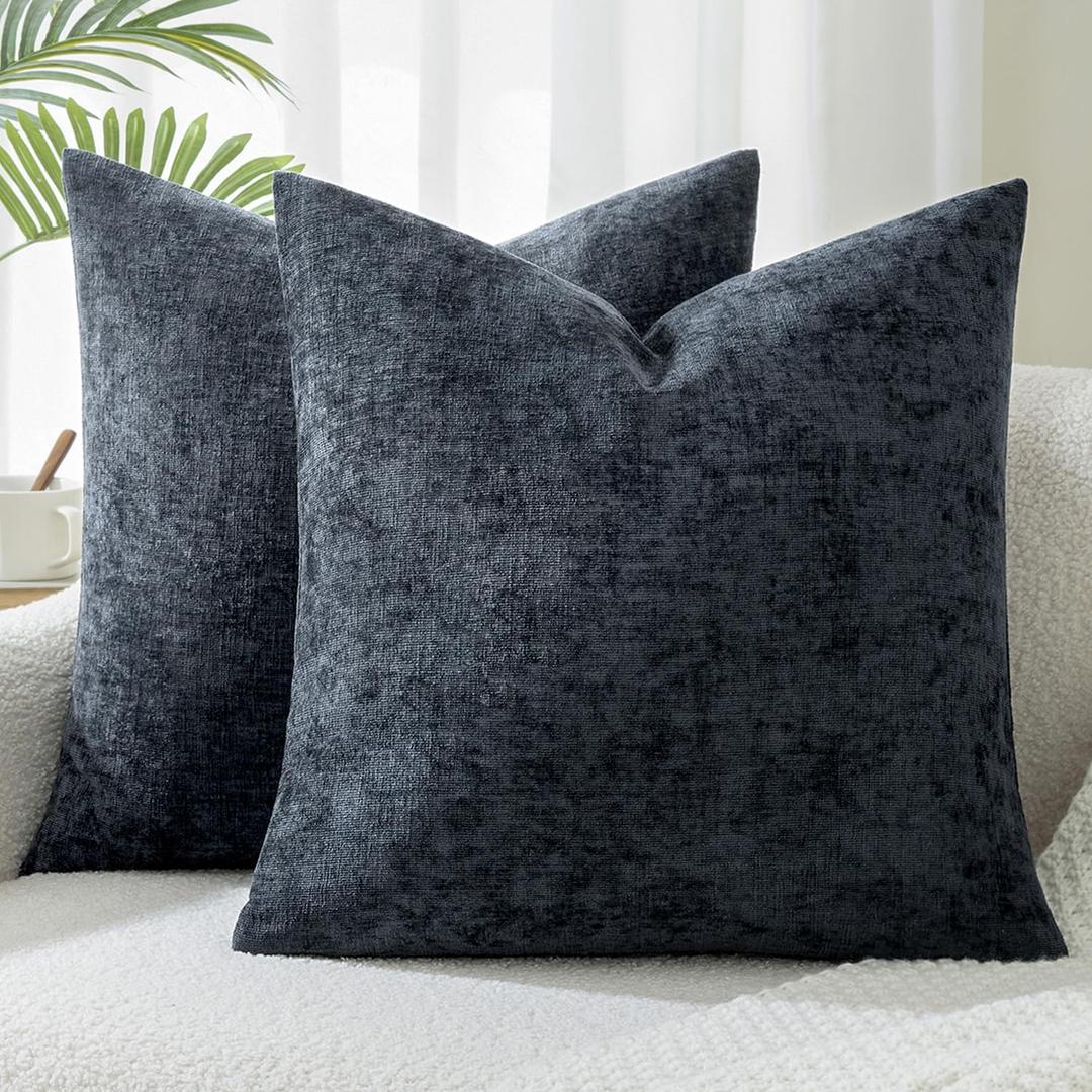 Chenille Throw Pillow Covers 20x20 Inch Set of 2 Farmhouse Textured Solid Color Accent Pillows for Couch Sofa Bed Living Room Home Decor,Coastal Navy Blue