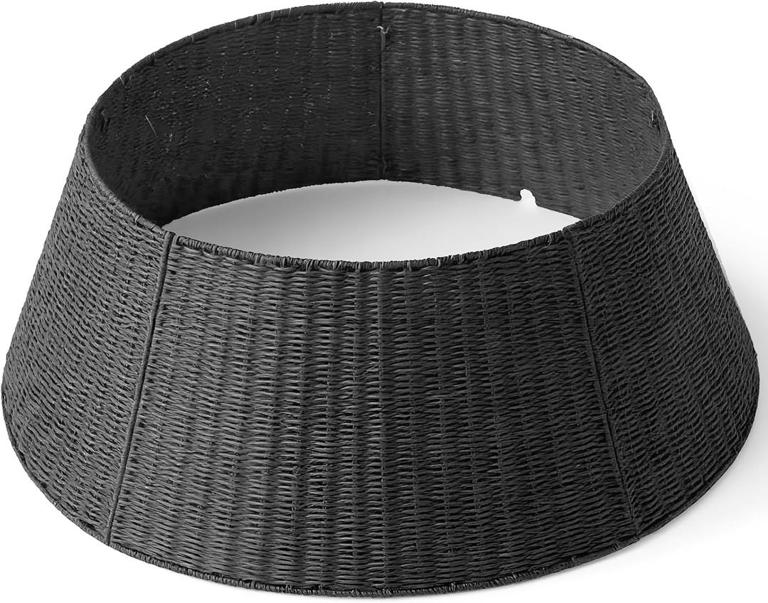 36in Extra Large Christmas Tree Collar - Wicker Woven Tree Collars for Artificial Trees - Large Rattan Rustic Farmhouse Basket for Tree Base Cover with Cord Cut-Out for 7.5ft 9ft 12ft Tree(Black)