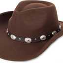 Womens Western Cowboy Hats Studded Pinched Western Cowgirl Hats Wide Brim Fedoras Hat with Belt Buckle (Size:Medium) (Coffee - Round Rivets)