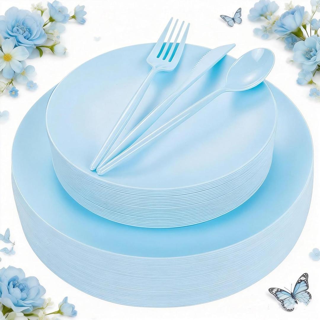 EI 150pcs Blue Plastic Plates Disposable Light Blue Baby Shower Plates Heavy Duty Dinnerware Set Plastic Silverware for Party,Wedding,Easter,Spring Afternoon Tea
