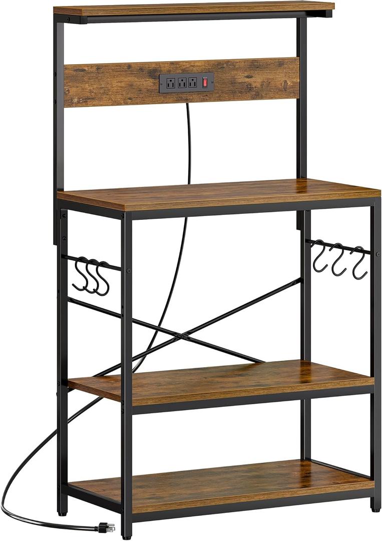 SUPERJARE Bakers Rack with Power Outlets, Microwave Stand, 31.5 X 16.5 Inch Larger Desktop, Kitchen Storage Rack with Adjustable Middle Shelf, 6 S-Shaped Hooks, Coffee Bar Stand, Rustic Brown