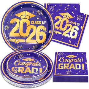60Pcs Graduation Paper Plates and Napkins 2026 Blue and Gold Graduation Plates and Napkins Party Supplies Class of 2026 Congrats Grad Disposable Paper Plates Napkins Set, Serve 25