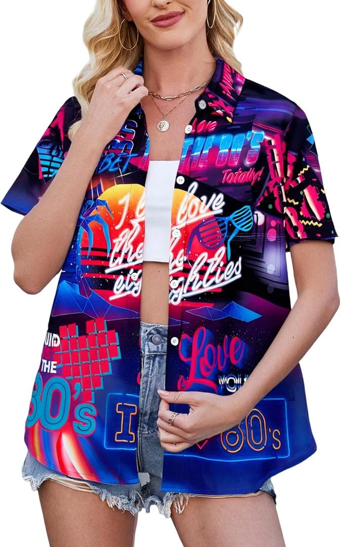 80s 90s Outfit Shirt Women Retro Theme Party Button Up Shirts Neon Disco Tshirt Hawaiian Beach Short Sleeve Blouse Top (Medium)