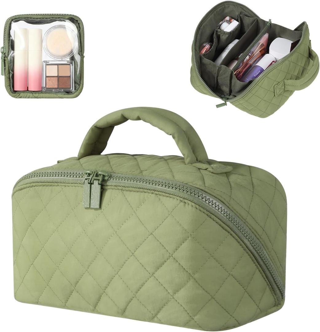 Makeup Bag for Women, Wide Open Lay-Flat Cosmetic Case, Festivalment Makeup Bag, Spacious 180 Open Cosmetic Organizer for Toiletries & Brushes Large Capacity with Compartments (Green)