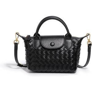 Mini Small Size Braided Luxury Leather Women's top Handle Handbag Fashion Travel Daily Satchel (Black)