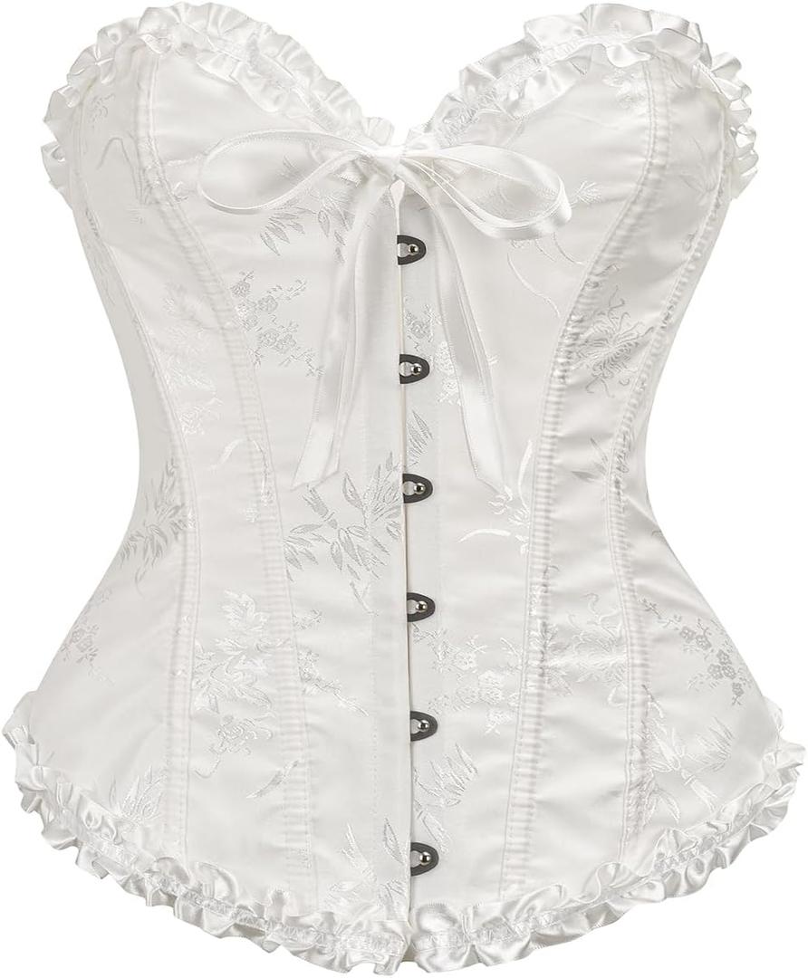 SHYMMUO White Corset Top for Women - Lace Up Floral Bustier Satin Elegant Bridal Corset for Weddings, Parties, Costumes (Large)