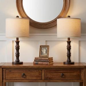 BOBOMOMO 20.5" Classic Table Lamps Set of 2, Farmhouse Nightstand Lamps with Dark Wood Grain Resin Base & Linen Shade, Small Bedside Lamps for Bedroom, Living Room, Home Office & Cozy Apartment Dcor