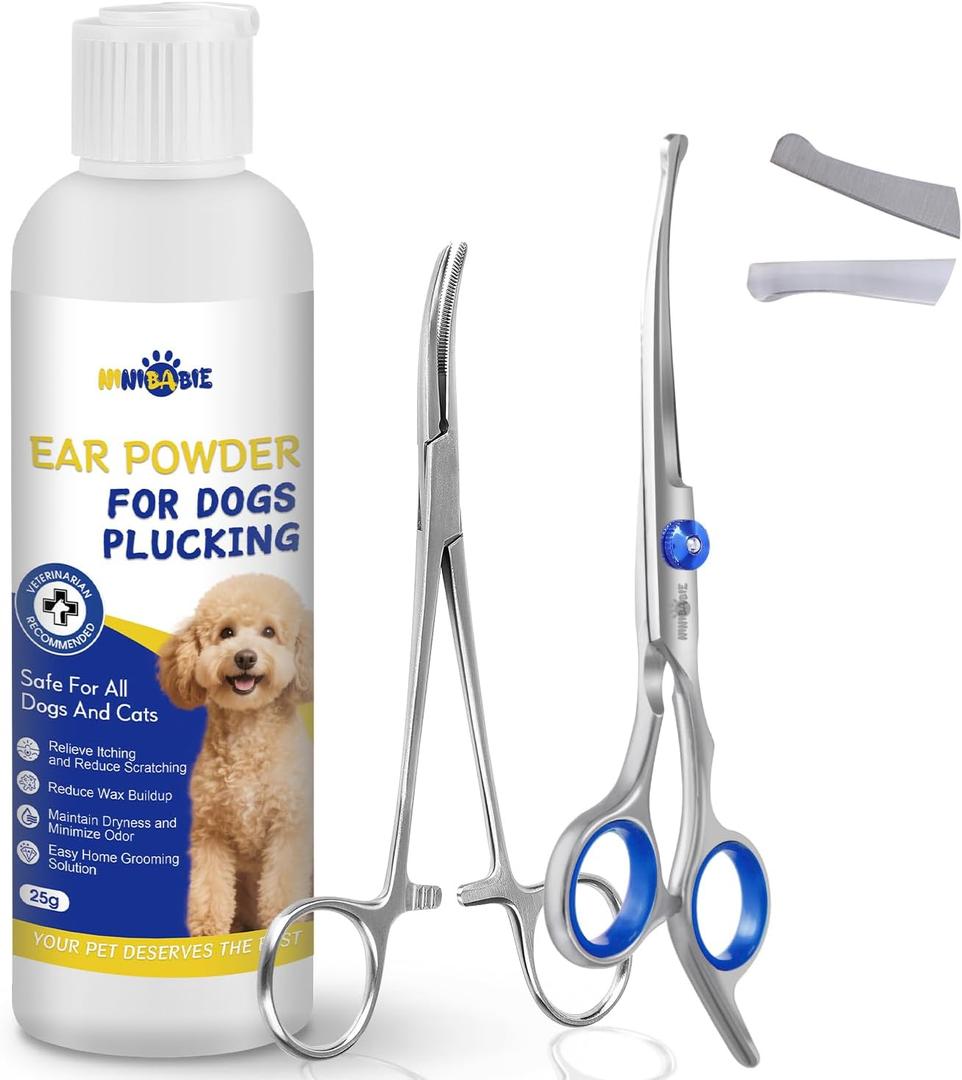 Dog Ear Hair Removal Kit  Ear Powder, Safety Round Tip Scissors & Locking Tweezers  At-Home Grooming Set for Hair Plucking, Wax Removal & Odor Control  Ideal for Poodles & Doodles (3-pack)