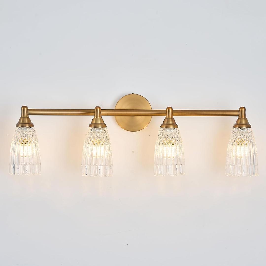 HDDFL Brass Bathroom Light Fixture Modern Bathroom Vanity Lighting 4 Lights Glass Wall Scone for Bedroom Bath Living Room Hallway