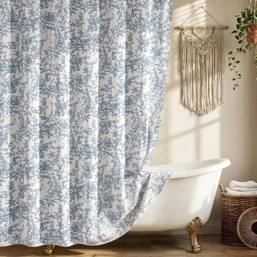 Farmhouse Blue Floral Shower Curtain with 12 Clear Rings, White Fabric Shower Curtain Set, Vintage Cottagecore Shower Curtain for Bathroom 72" W x 72" L