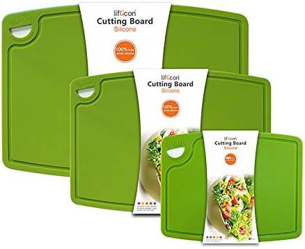 Liflicon Silicone Thick Cutting Boards Mats Set of 3 Foldable & Flexible Design Juice Grooves Easy Grip Handle Dishwasher Safe for Kitchen,BPA free Silicone Cutting Board-Green