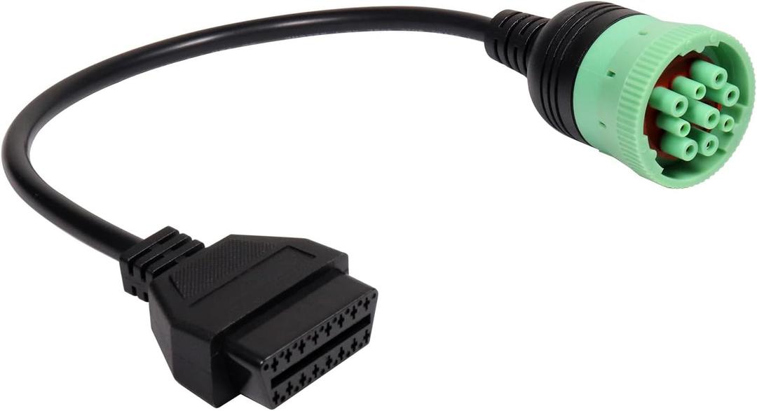 9 Pin J1939 Male to 16 Pin OBD2 OBDII Female Right Angle Green Type 2 Adapter Cable for Heavy Duty Trucks and Commercial Vehicles for Freightliner Truck for Diagnostic Tool and ELD Tracker