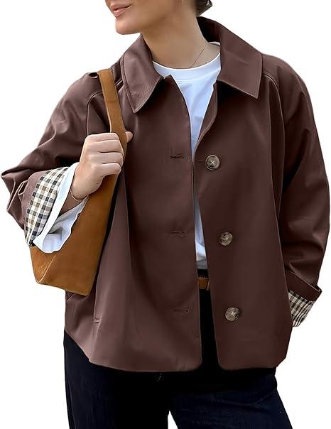 Womens Cropped Trench Coat Spring Fashion 2026 Winter Jackets Lightweight Outfit Single Breasted Trendy Outwear (Brown, M)
