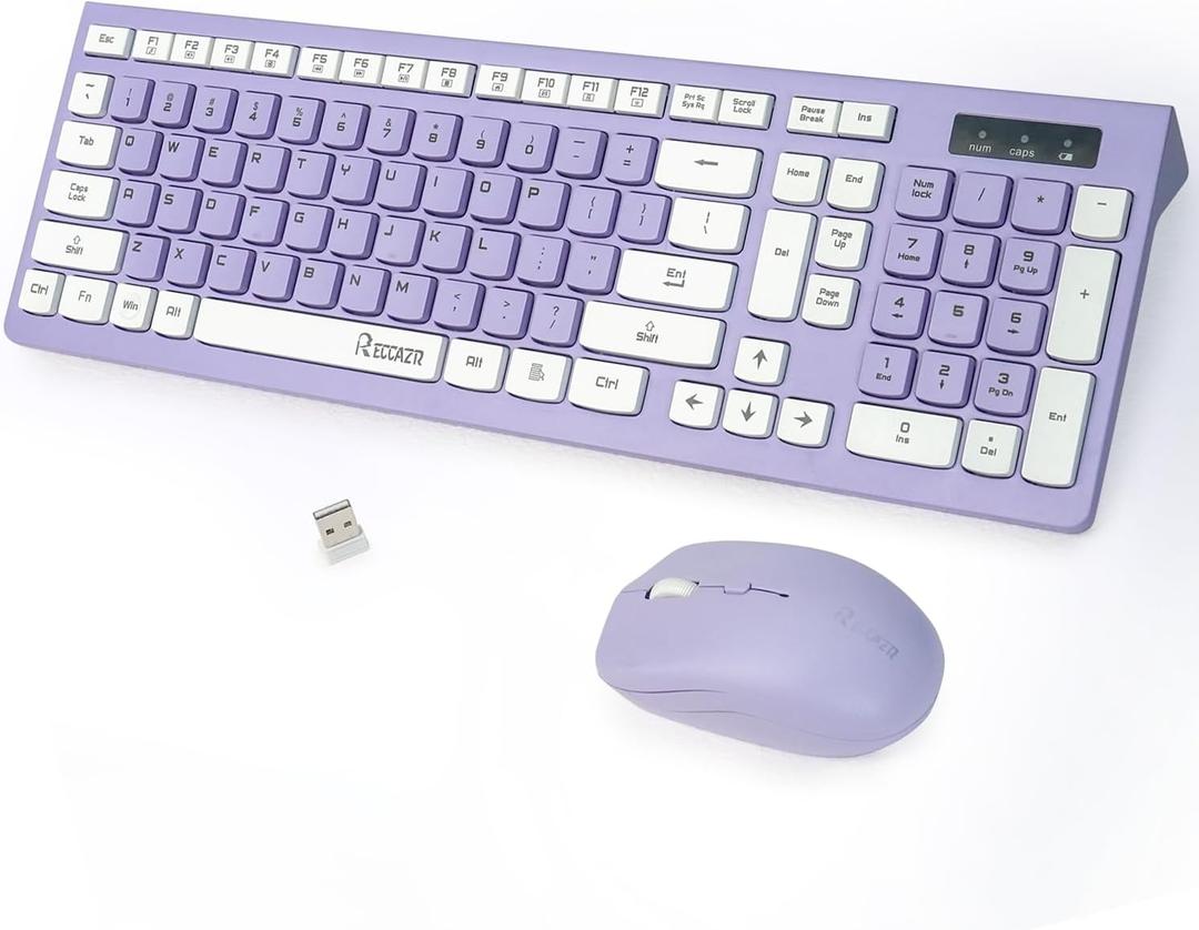Wireless Keyboard and Mouse Combo, Full-Sized Wireless Keyboard and Adjustable DPI Mouse, 2.4GHz USB Receiver, Wireless Keyboard and Mouse for PC, Windows, Desktop, Laptop (Purple)