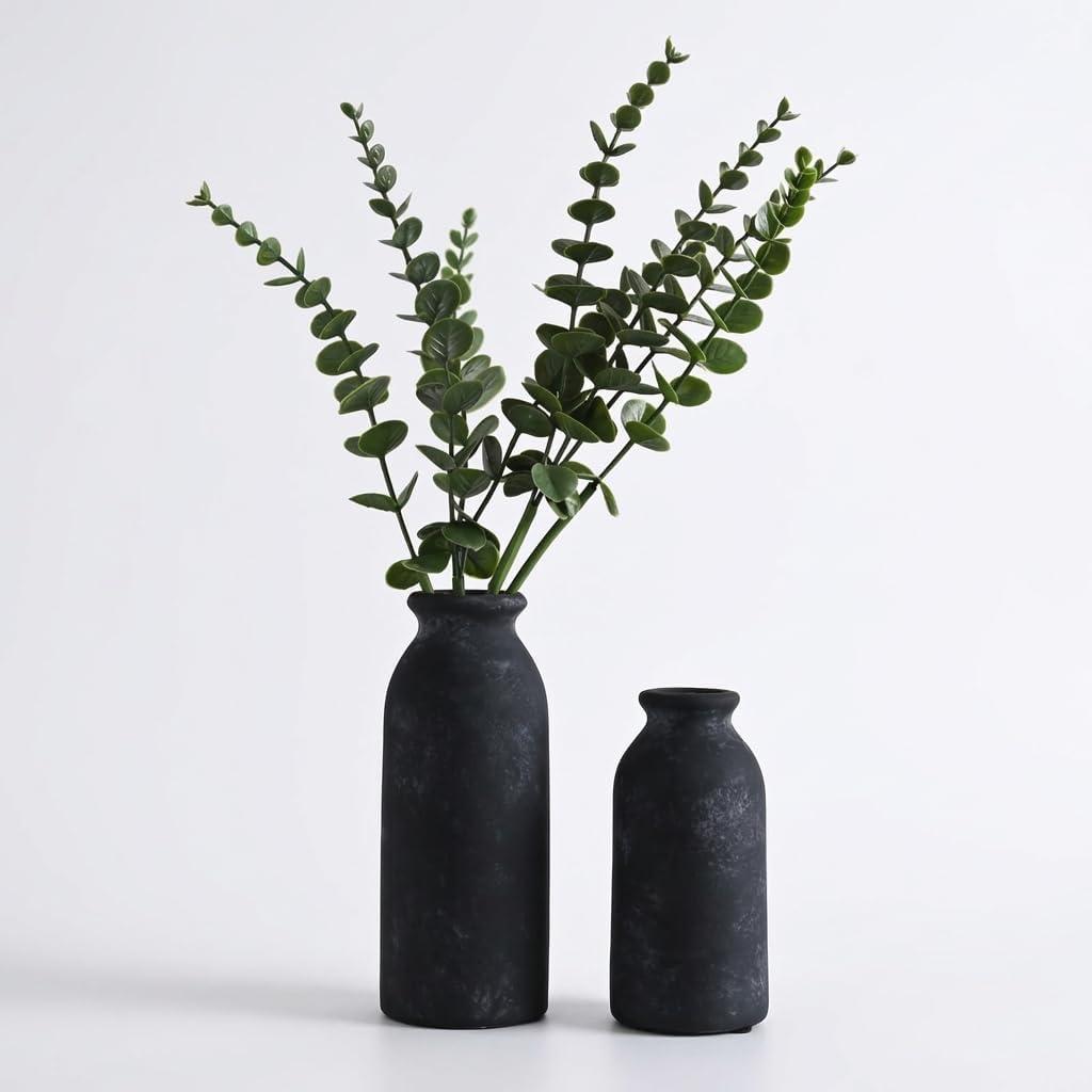 VICTOR & TERESA Black Ceramic Vases Home Decor, Flower Vase Set of 2, Farmhouse Vase for Flowers, Rustic Decorative Vases for Pampas Grass, Table, Living Room, Shelf, Centerpieces, 8 inch